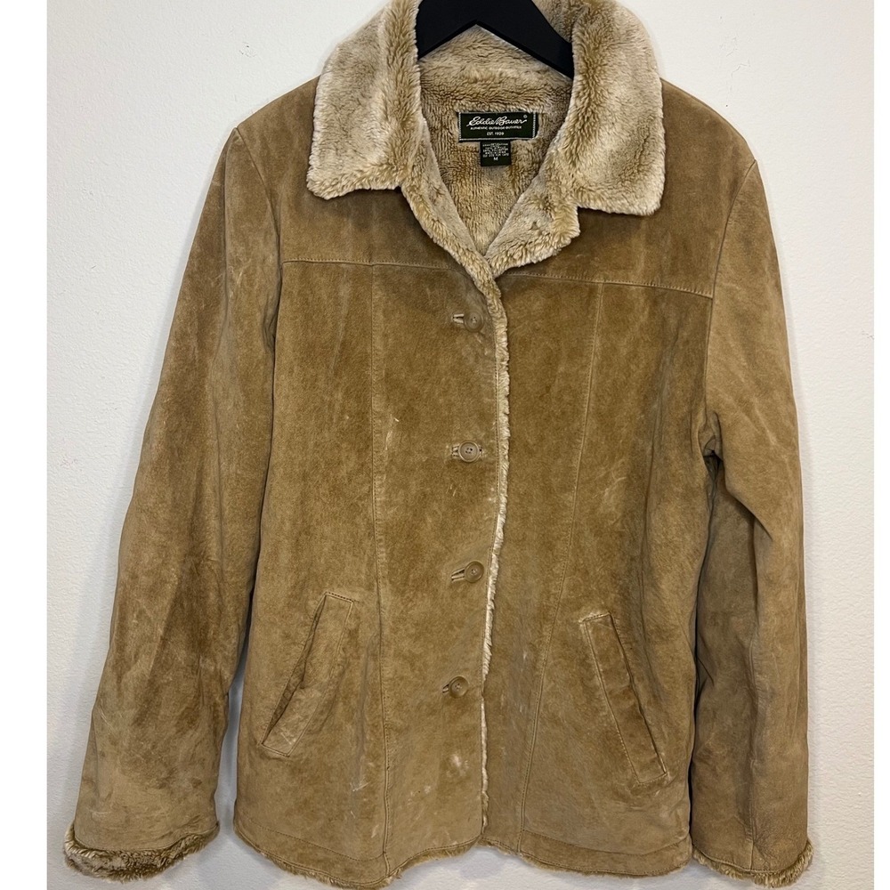 Eddie Bauer Mens Suede Jacket Faux Fur Lined Tan M